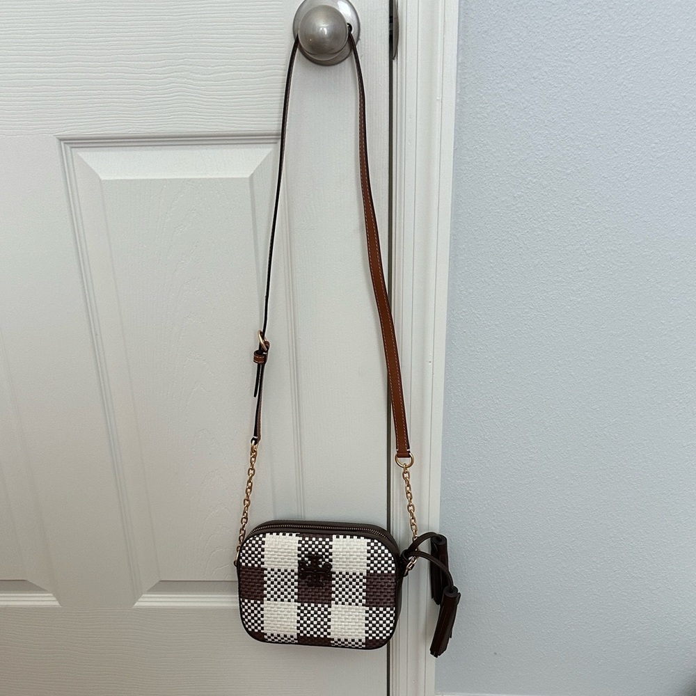 Tory Burch McGraw woven plaid camera bag